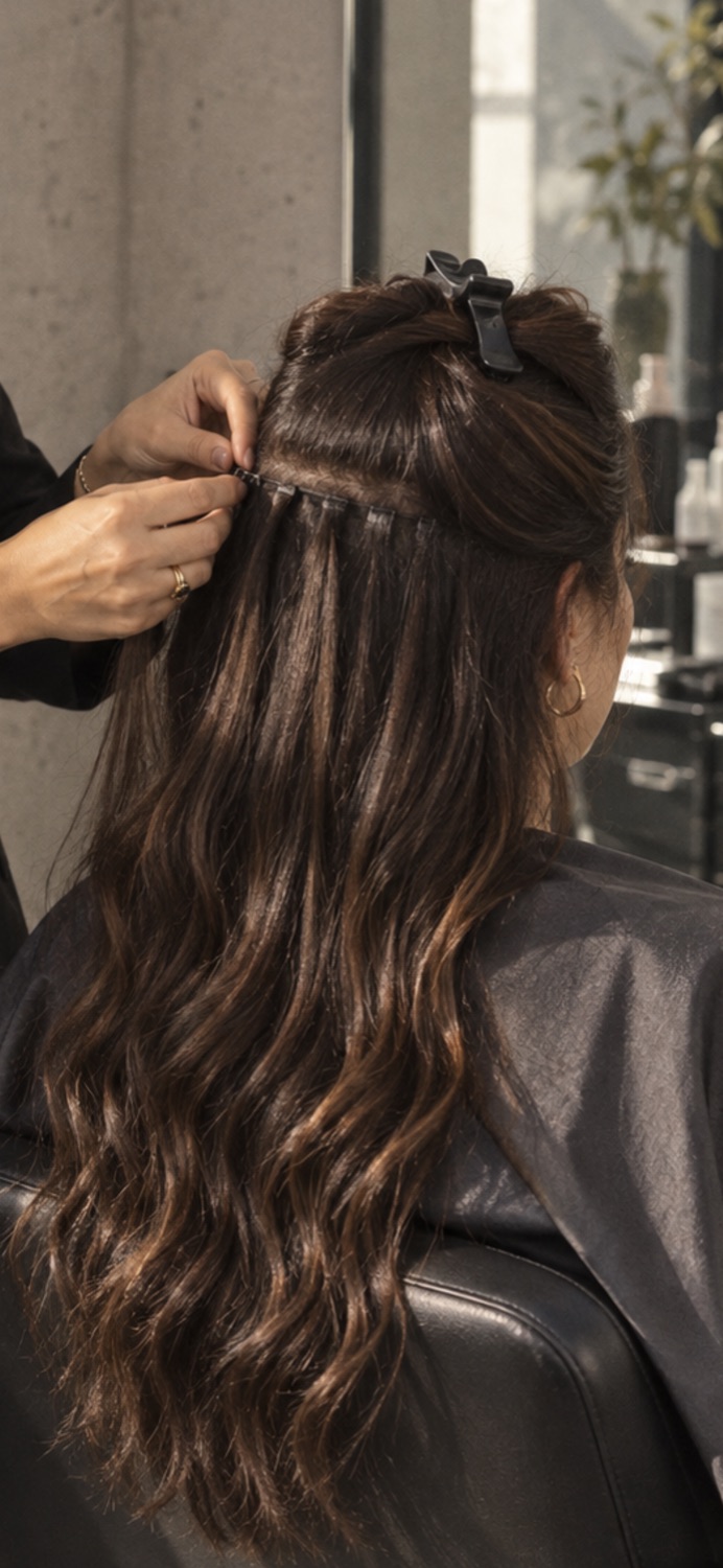 Aplicação de extensões em cabelo castanho com reflexos
